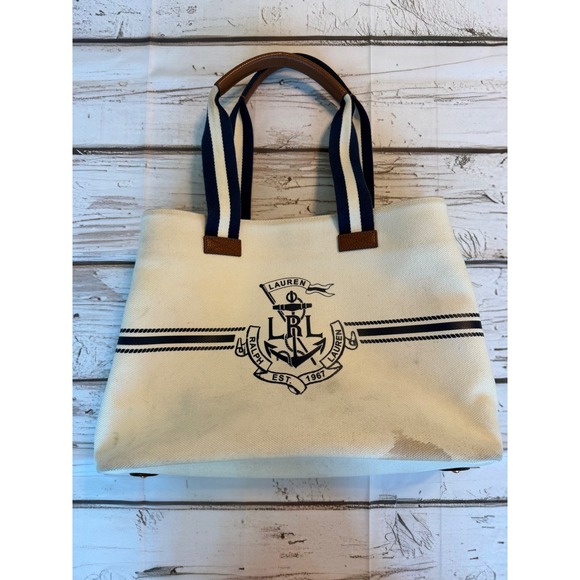 Lauren Ralph Lauren Handbags - Lauren Ralph Lauren Canvas Tote Bag Nautical Anchor Crest Cream Navy Brown LRL